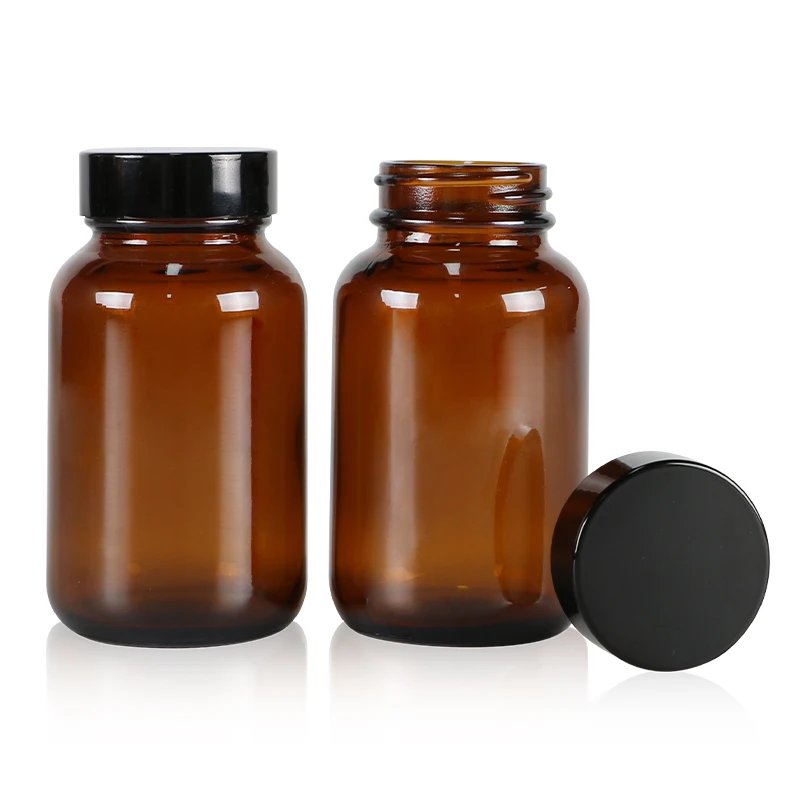 Custom empty amber 120ml wide mouth medicine capsule tablet pill glass bottles with black screw lids