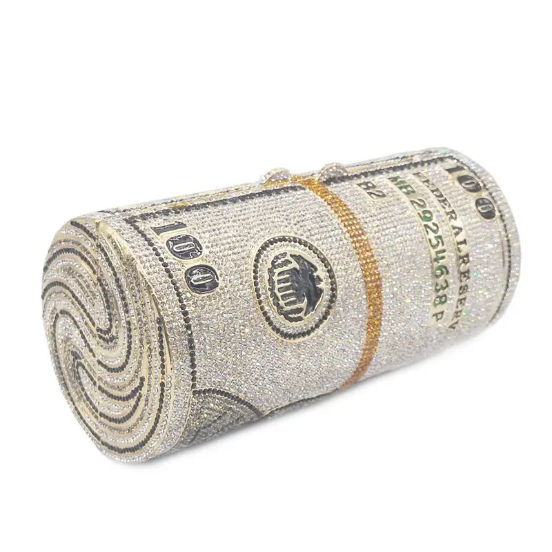  Luxury New Design Woman Roll Diamond Money Bag Purse Clutch 100 Dollar Handbag Ladies Evening Rhinestone