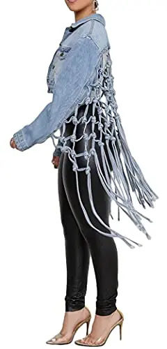 Fashion Grid Fringed Blue Denim Short Coat Plus Size Jean Jacket For Women