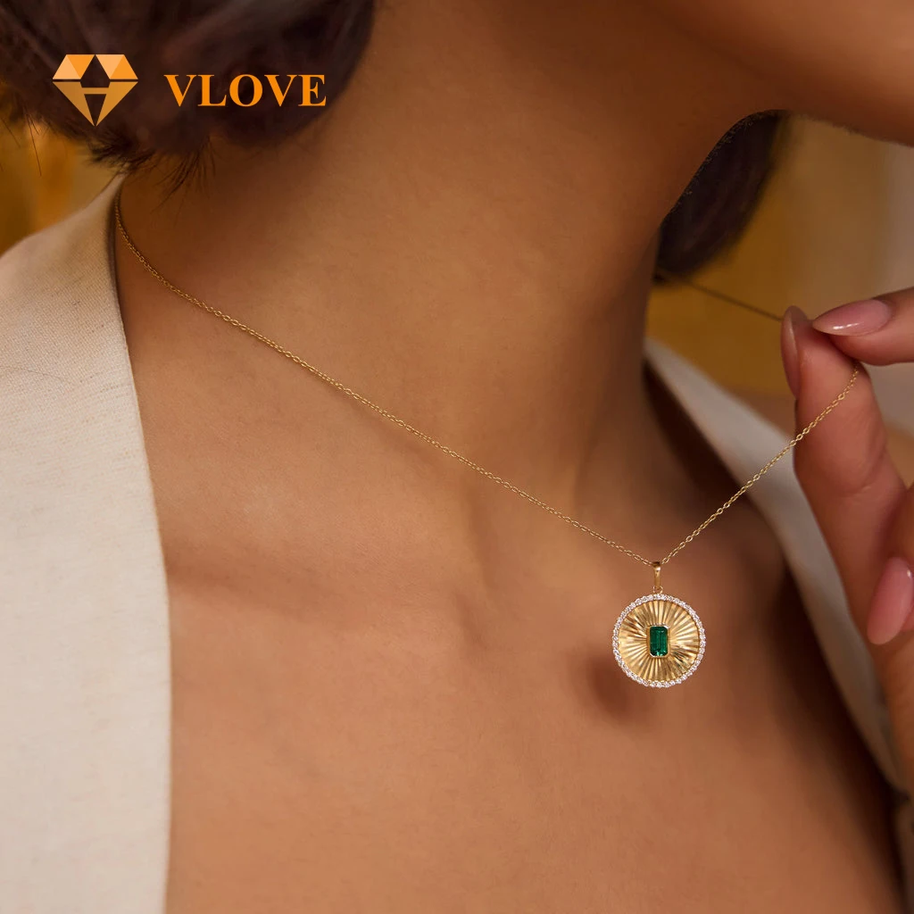 VLOVE Charm Jewelry Diamond Necklaces Jewelry 14K Emerald and Diamond Medallion Necklace