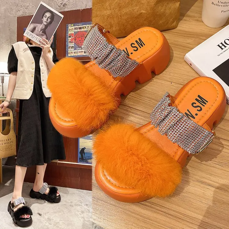 TX New Style Sequined rhinestone slippers Colored ladies outside winter platform slippers