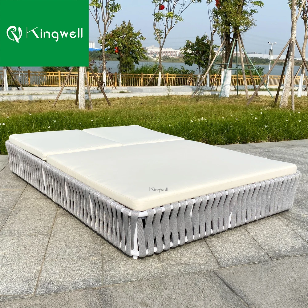 Modern design garden furniture aluminum deck chair hotel patio outdoor rope weaving double sun lounger with wholesale price