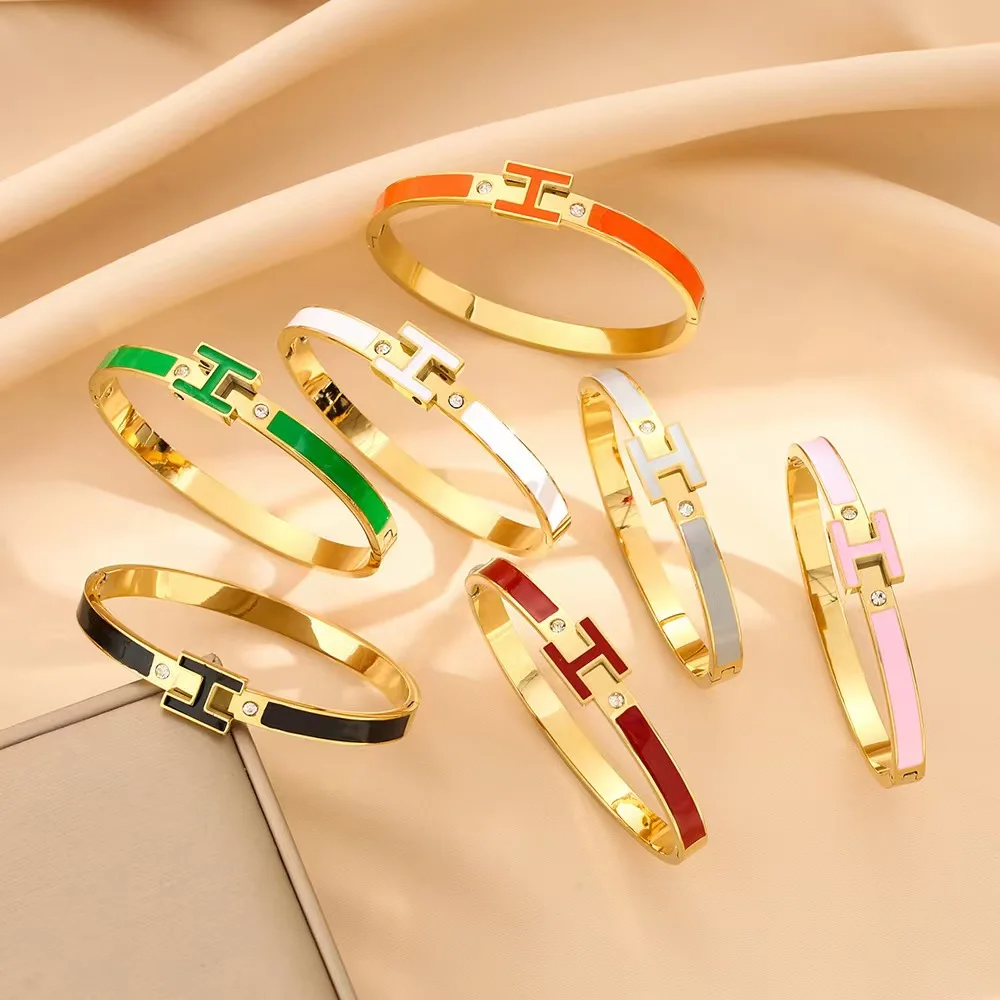 Enamel letter H bracelet female stainless steel buckle European and American trend h bracelet stainless steel couple bracelet