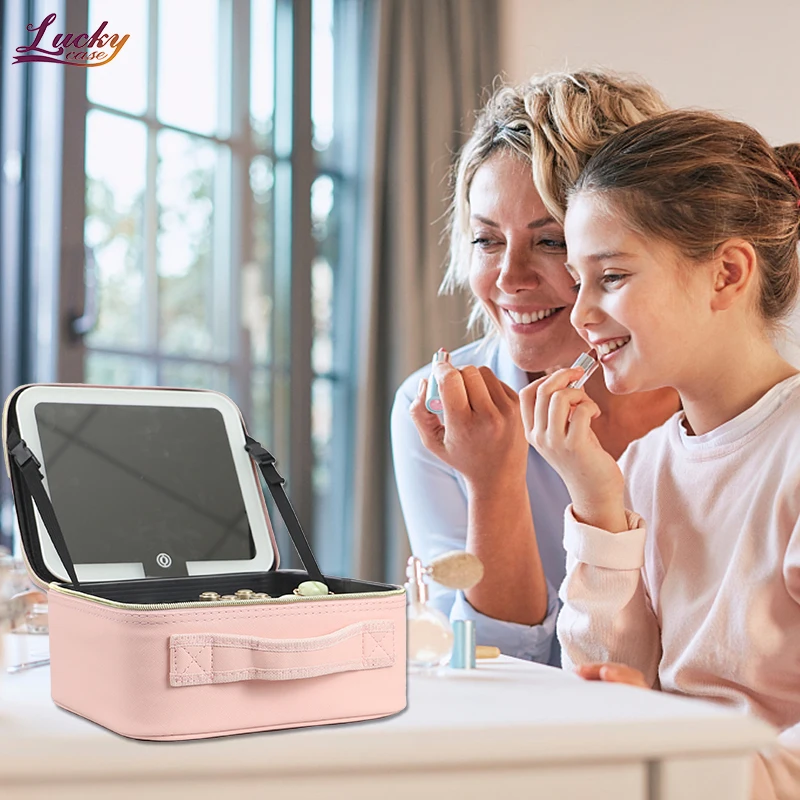 Pu Makeup Bag with Led Mirror Lighted Make Up Travel Bag with Dividers Cosmetic Vanity Bag Case