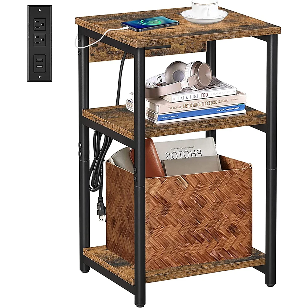 End Table with Charging Station, Side Table with USB Ports and Outlets, Nightstand, 3-Tier Storage Shelf