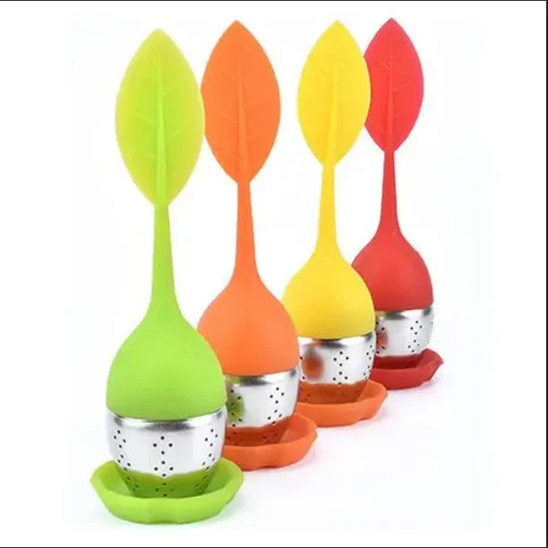 TEA08 Leaf Tea Infuser Stainless Steel Fine Mesh Tea Filter With BPA-Free Silicone Leaf Handle and Drip Tray