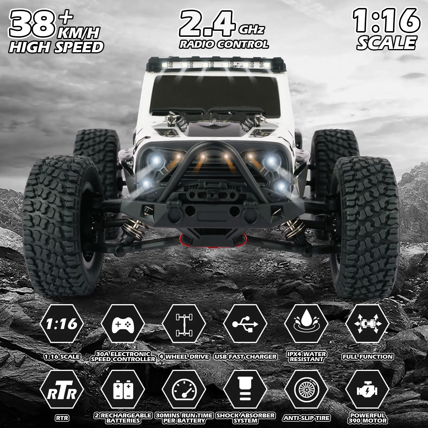 2.4GHz 1/16 Scale Four-wheel Drive Remote Control Car Battery Power High LED Lights 4wd High Speed RC Car