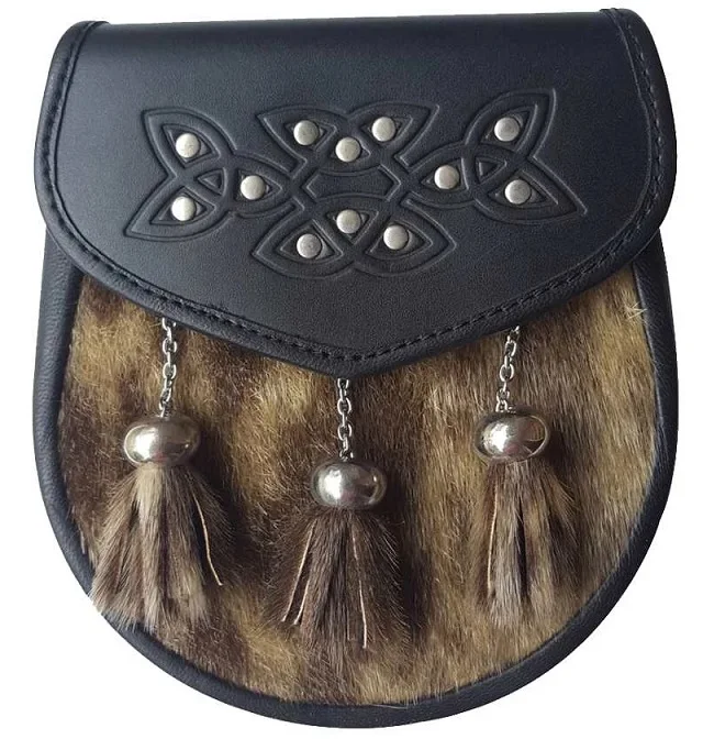 Leather Scottish Thistle Brown Rabbit Fur Sporran Stone Fur Bag