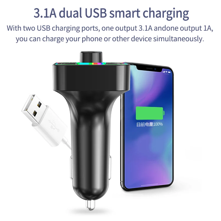 New Bluetooths 5.0 Car charger with colorful led light 3.1A Quick Adapter Dual USB Port Type C PD Car charging station charger