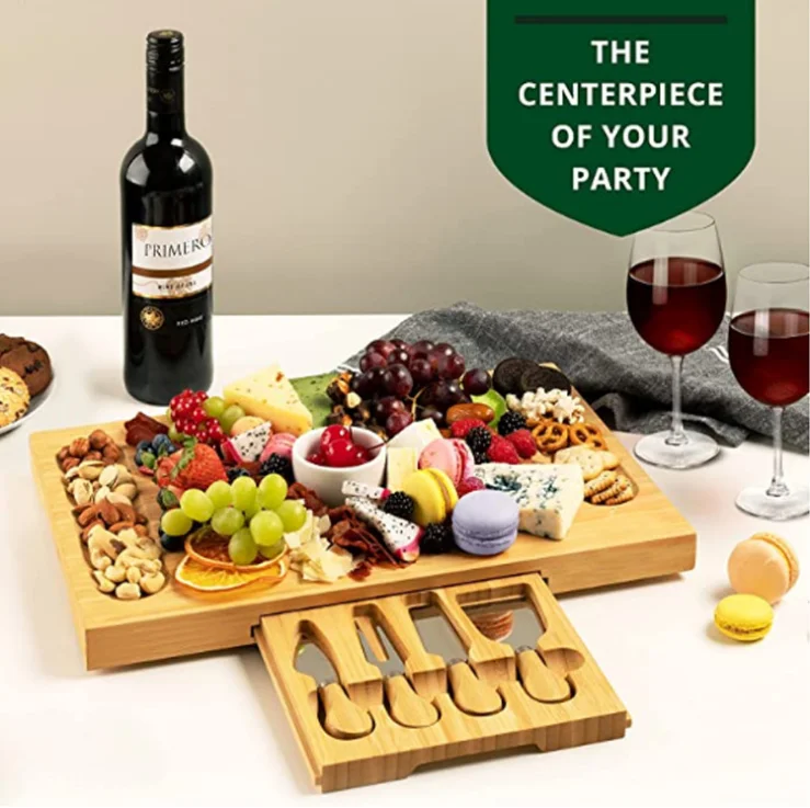 Unique Bamboo Cheese Board, Charcuterie Platter & Serving Tray Including 4 Stainless Steel Knife & Thick Wooden Server
