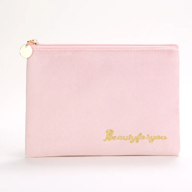 Pink Embroidery Letter Zipper Velvet Makeup Bags for Women Cosmetic Storage