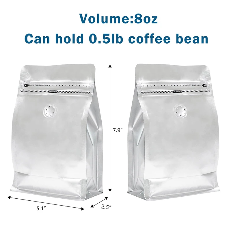 Custom Logo Printed Zipper Seal Safe Aluminum Foil Stand Up 1lb Silver Coffee Bean Storage Bags With One-Way Degassing Valve