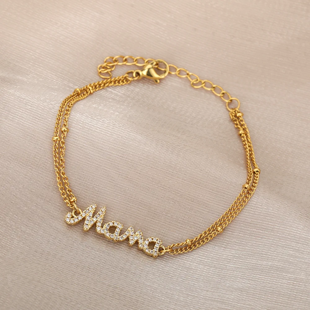 Wholesale 18K Gold Plated Zircon CZ MAMA Letter Charm Bracelet 2 Layers Stainless Steel Link Chain MAMA Bracelet For Gift