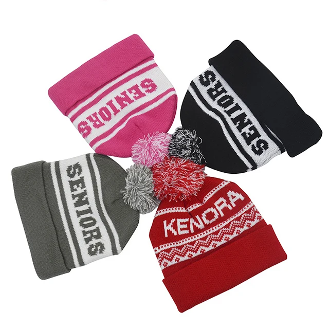 Custom embroidered jacquard Knitted Beanie Hat with pom pom, bobble hat