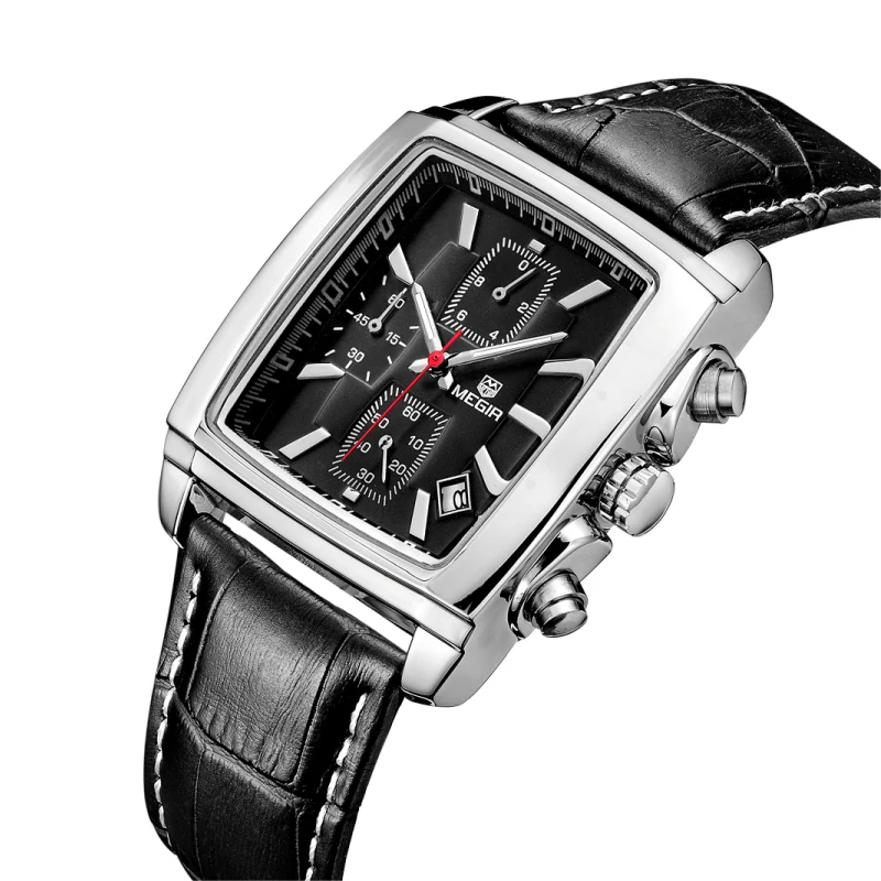 Relojes Hombre MEGIR 2028 Top Brand Luxury Chronograph Quartz Watches Men Military Leather Square Watch