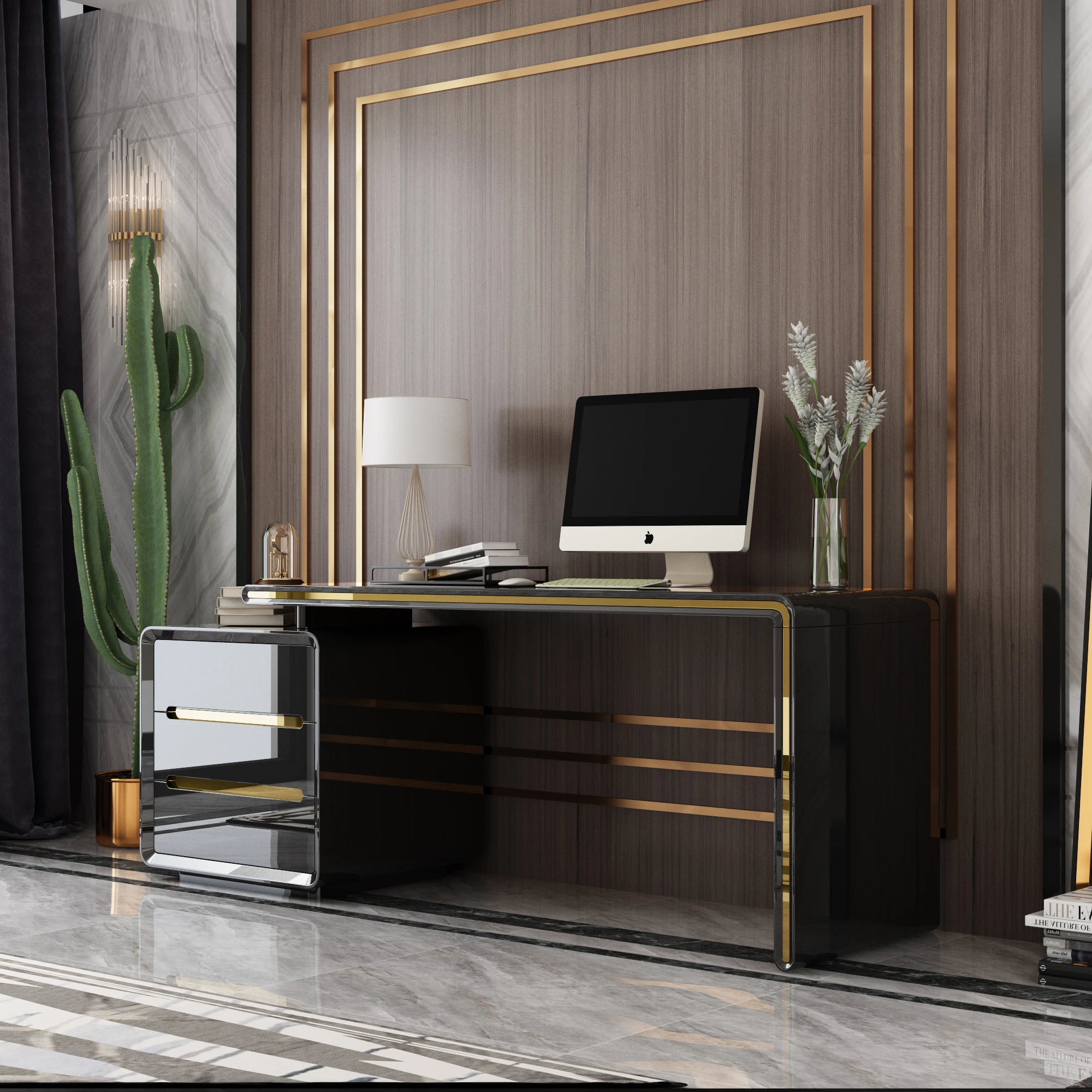 Luxury wooden black white home furniture corner l shape study desk home office desk modern computer home desk