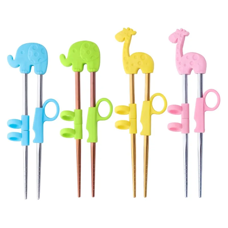 Reusable Kids Stainless Steel Training Chopsticks With Silicone Accessories