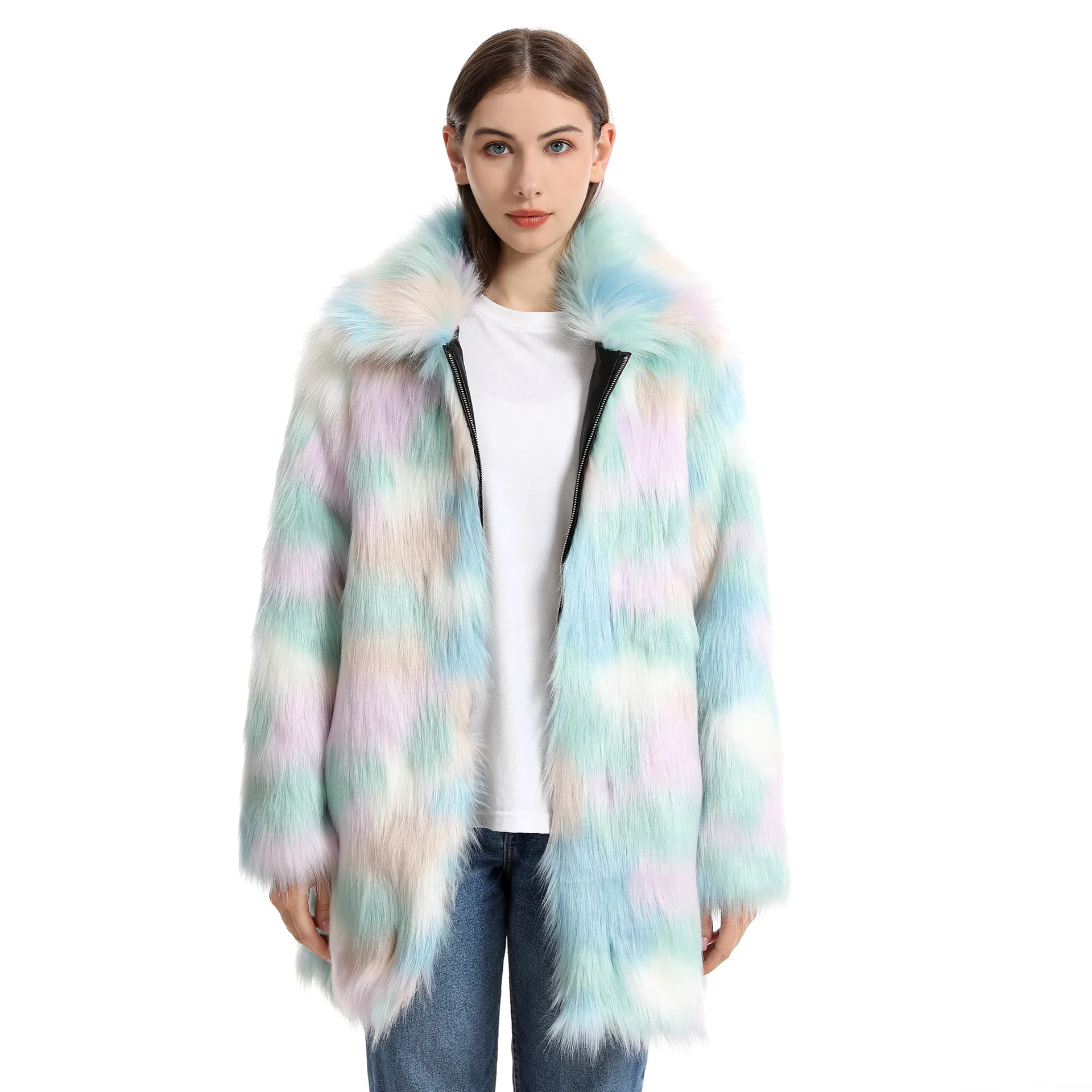 Custom faux fur coat  Wholesale WOMEN HOODED FAUX FUR COAT Colorful  rainbow Elegant Thick Faux Fur Coat
