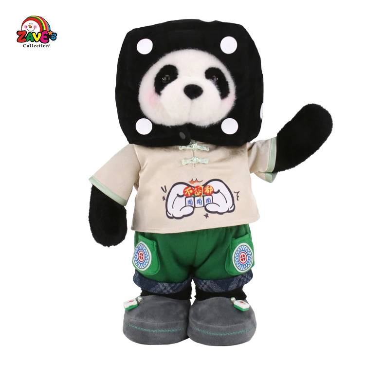 Zaves designed 15.5 inch pink panda plush doll standing position changeable eye mask Chinese traditional costume Mahjong