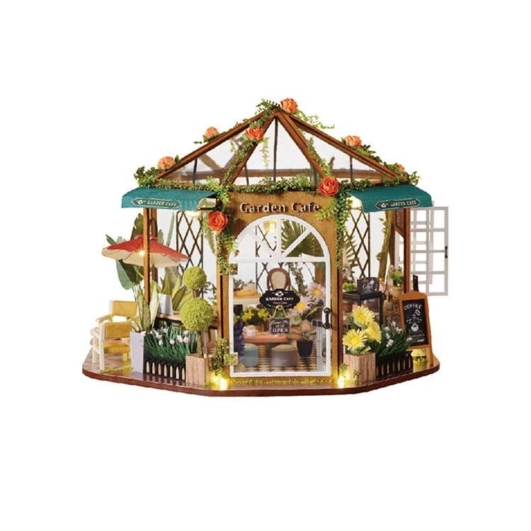 Creative Room Idea Garden Coffee House DIY 3D Wooden Doll House Kit Dollhouse Miniature with Furniture