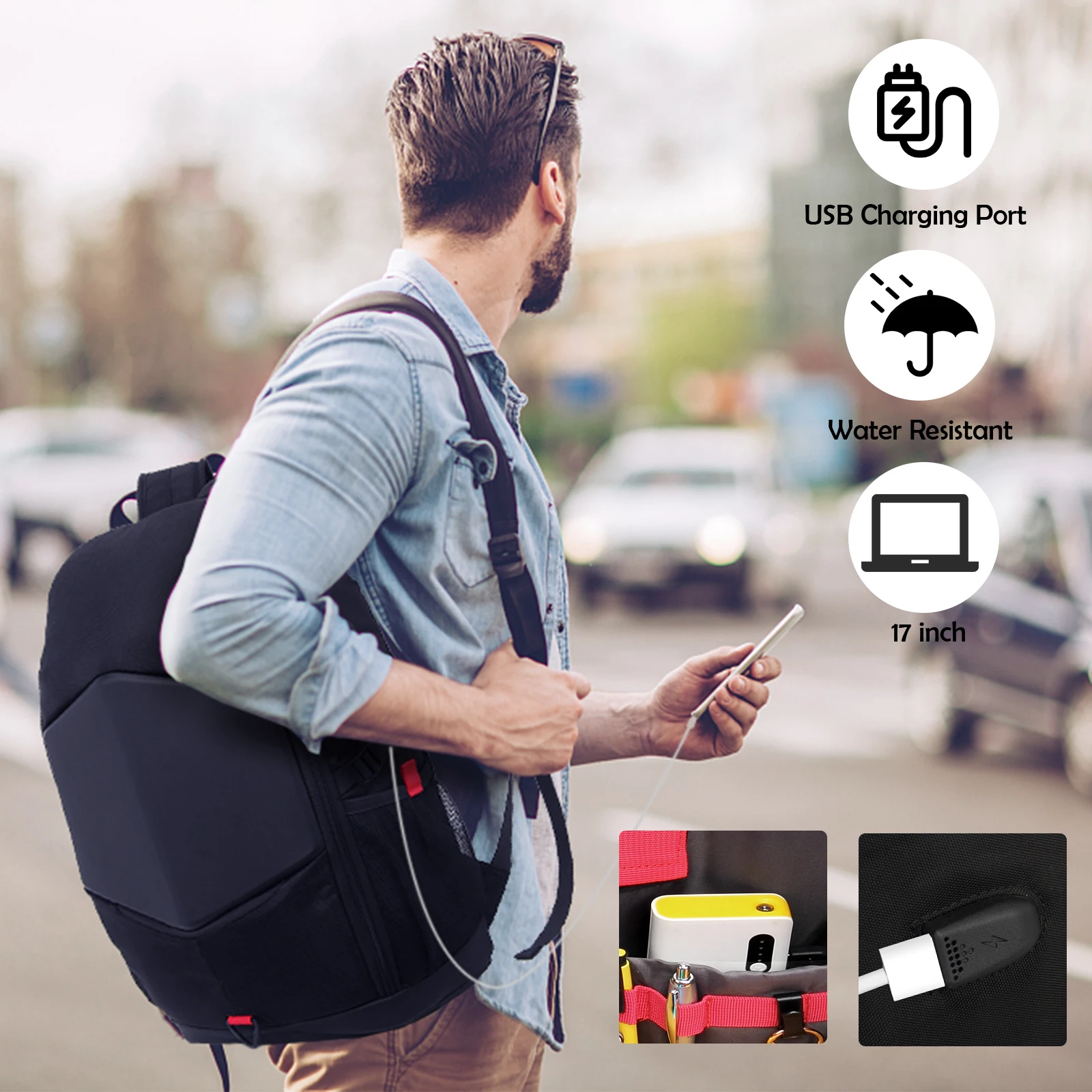 EVA Men Hard Shell Business Backpack Waterproof Anti- Theft Laptop Bag Backpack With USB Charging Port TSA Lock