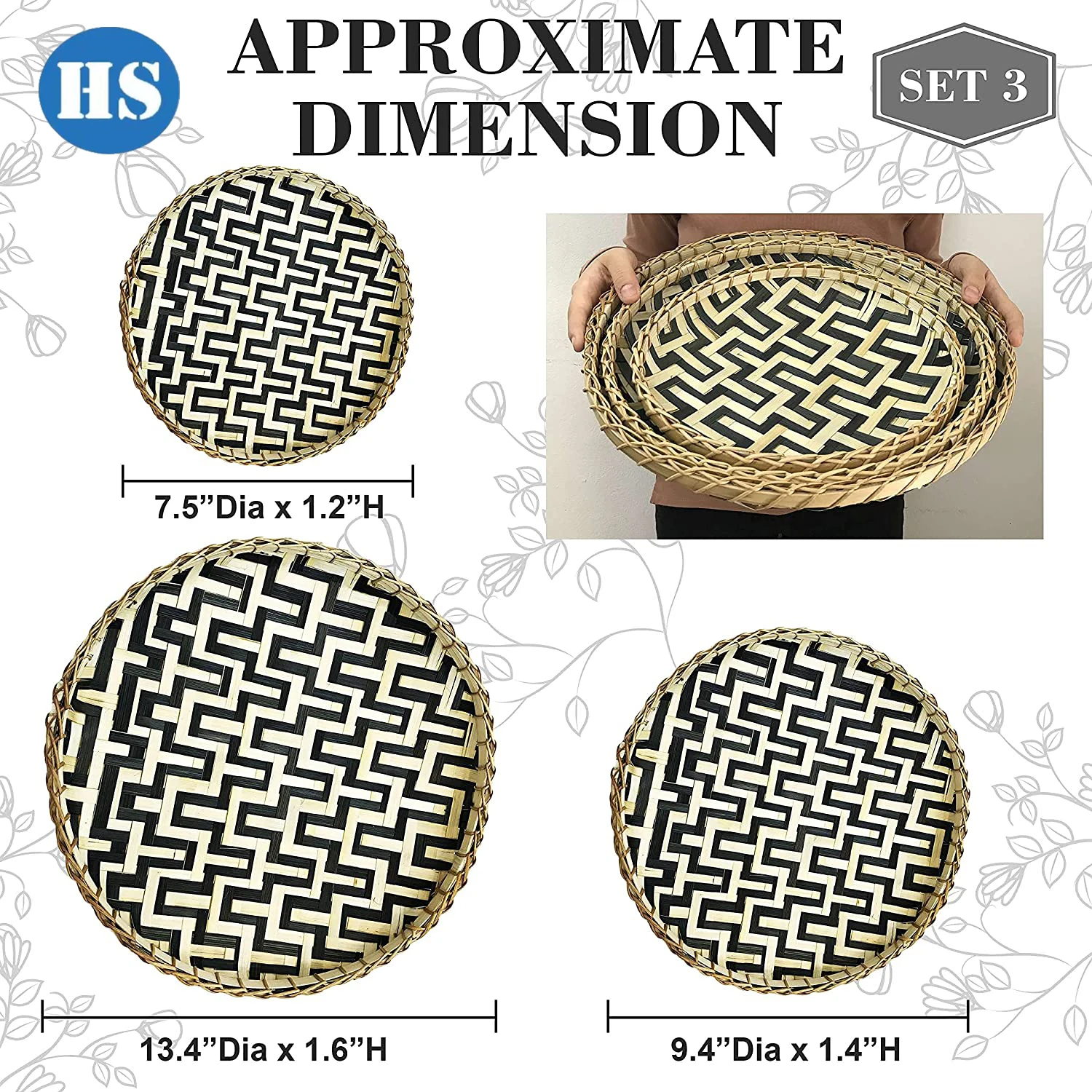 Eco-friendly Round Handwoven Bamboo Wicker Storage Baskets Fruit Vegetable Set 3 Handicraft Wall Decor Serving Basket Tray