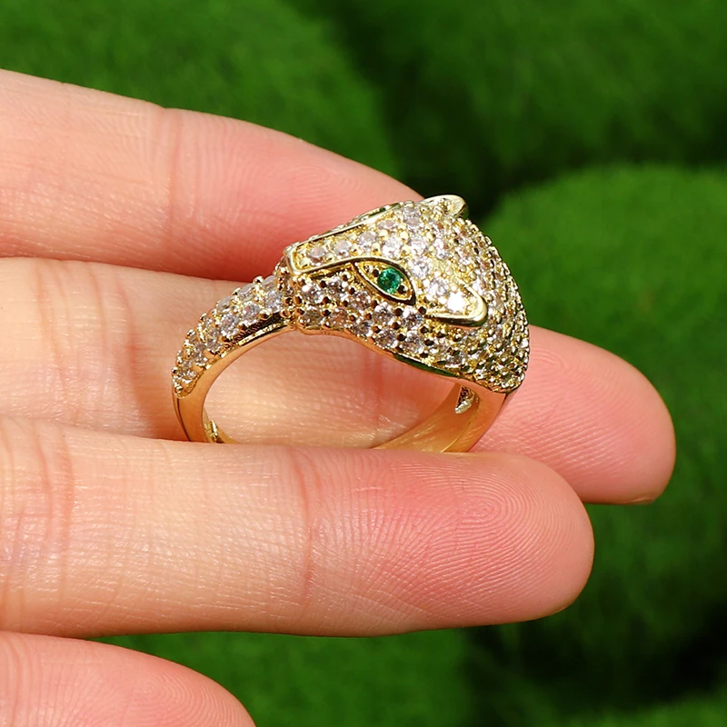 Real 18k Gold Plated Crystal CZ Animal Leopard Open Rings Adjustable Micro Pave Cubic Zirconia Cheetah Finger Ring for men