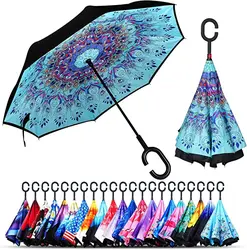 New inverse Umbrella logo prints Custom Double Layer C Shape Handle design inverted Reverse Umbrellas