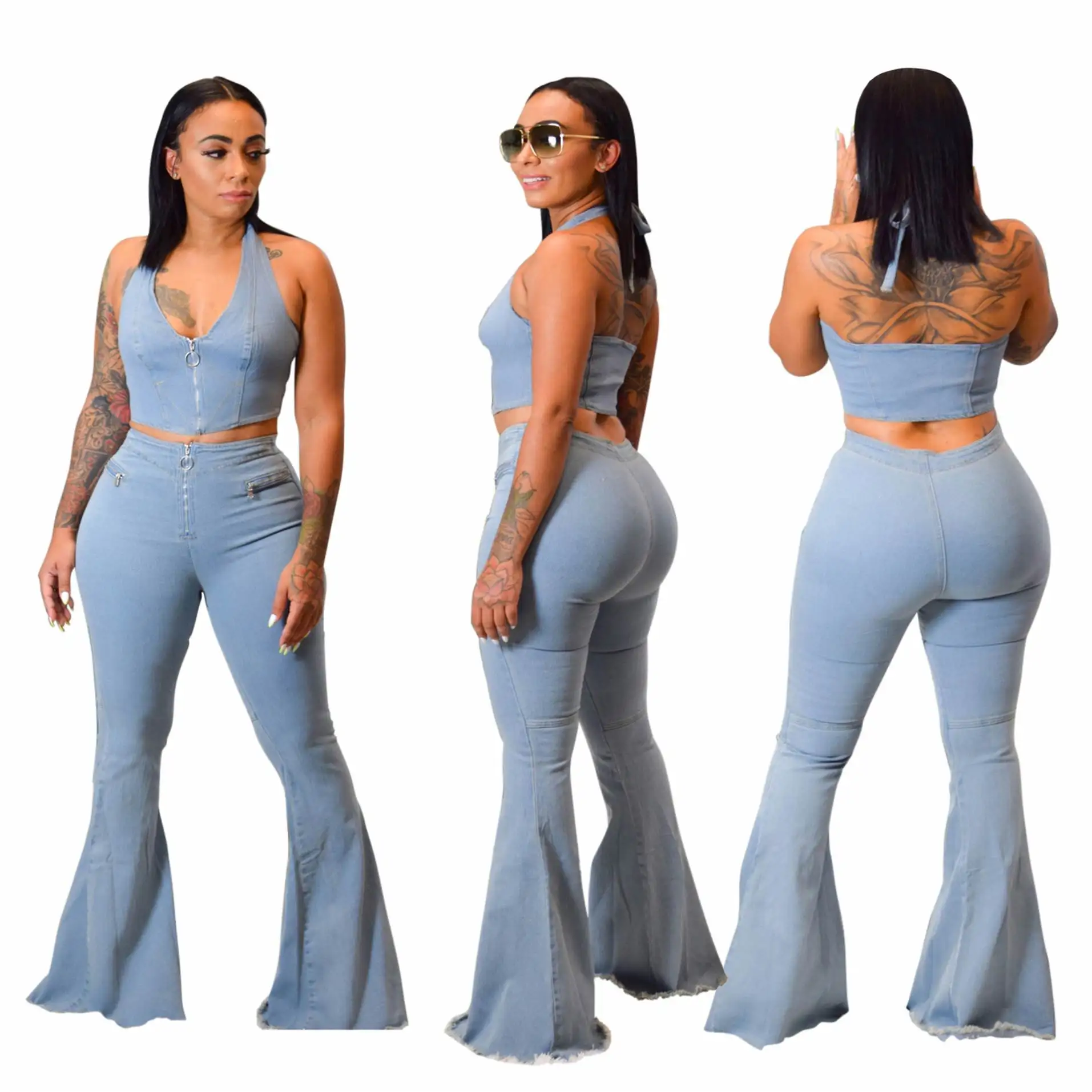 SMR9361 Vintage Stretchy Long Women 2 Pc Sexy Crop Top High Waist Blue Flare Jeans Sets Two Pieces Denim Sets Women Clothes