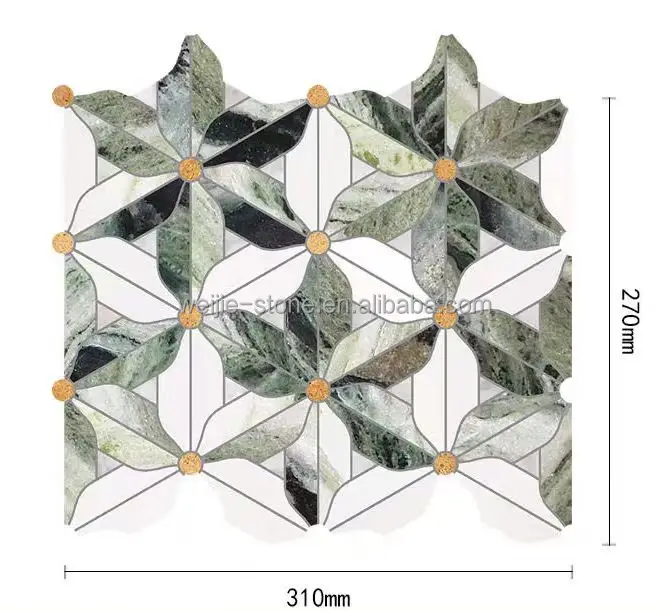 Waterjet Flower Pattern Marble Mosaic Brass Inlay Tile Mosaic Tile For Kitchen Backsplash And Bathroom Wall Tile