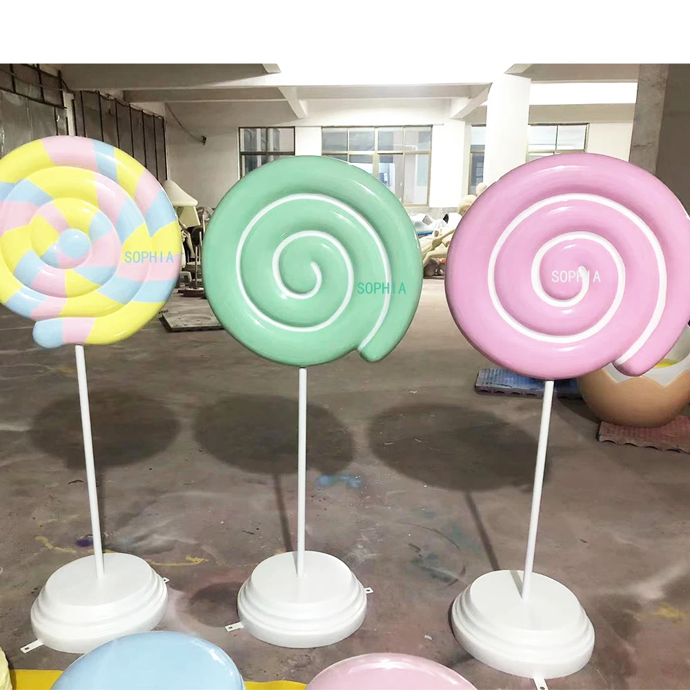 Customized party decoration props fiberglass big lollipop sculptures/resin lollipop sticks/cotton candy sculptures