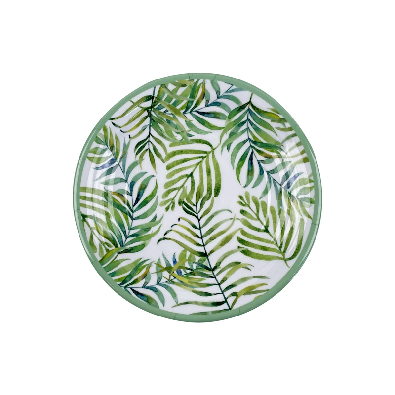 Fashionable unbreakable dishwasher safe healthy full print leaf round cheap custom printed round melamine dinner plate
