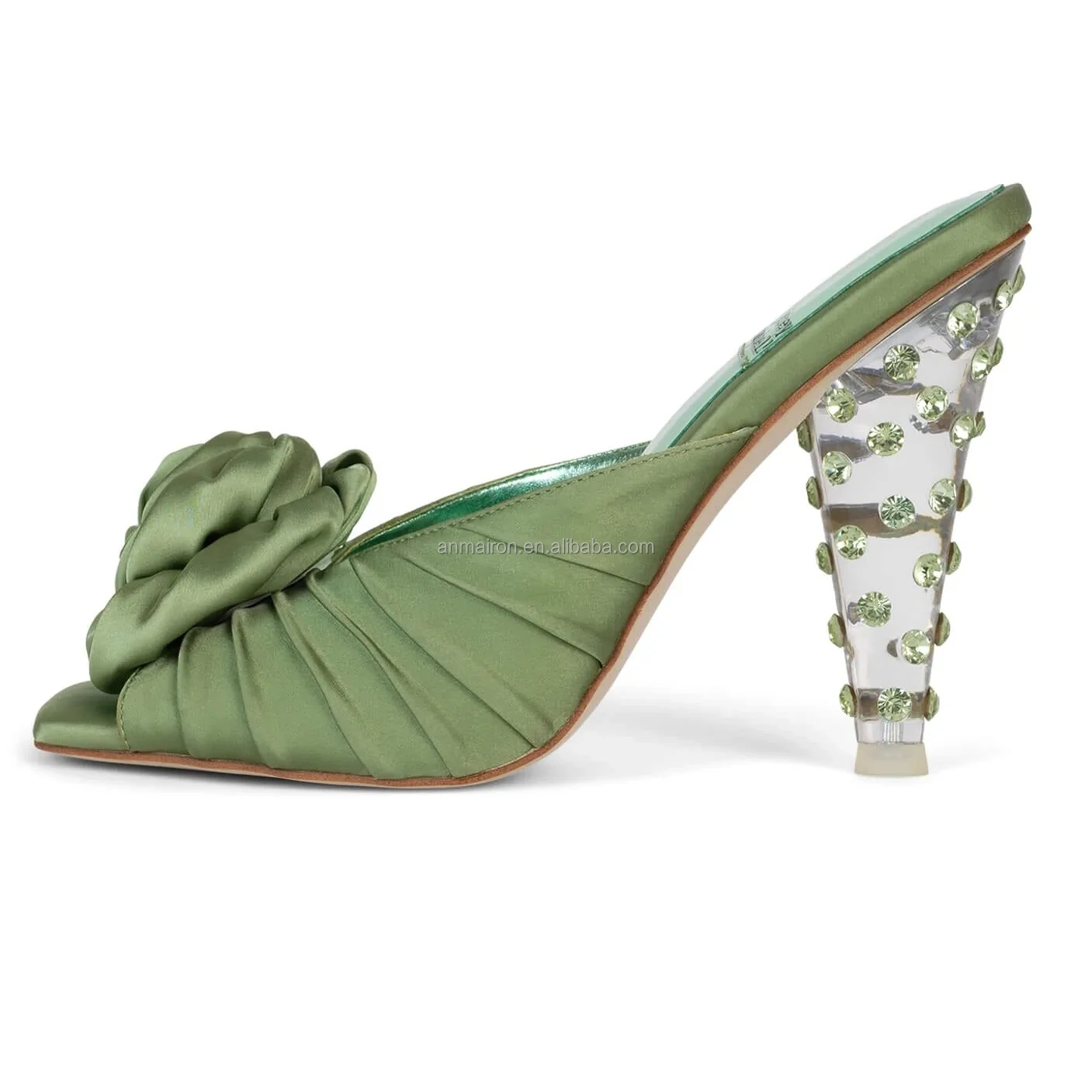 Anmairon shoes new arrival party shoes sexy clear heel sandals high quality pink stain open toe chunky heel flowers slippers