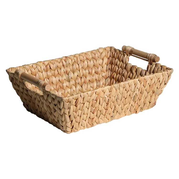 Customized eco-friendly rectangular best-selling water hyacinth storage basket with 2 wooden handles