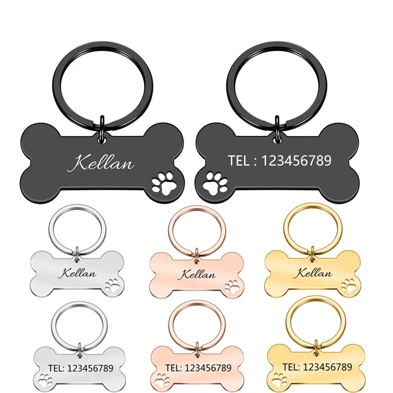 Personalized Pet ID Tag Keychain Engraved Pet ID Name for Cat Puppy Dog Collar Tag Pendant Keyring Bone Pet Accessories