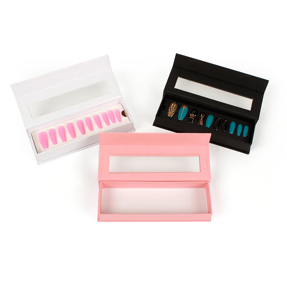 stock wholesale black white clear window artificial nail packaging for small business long nails false press on nail packaging