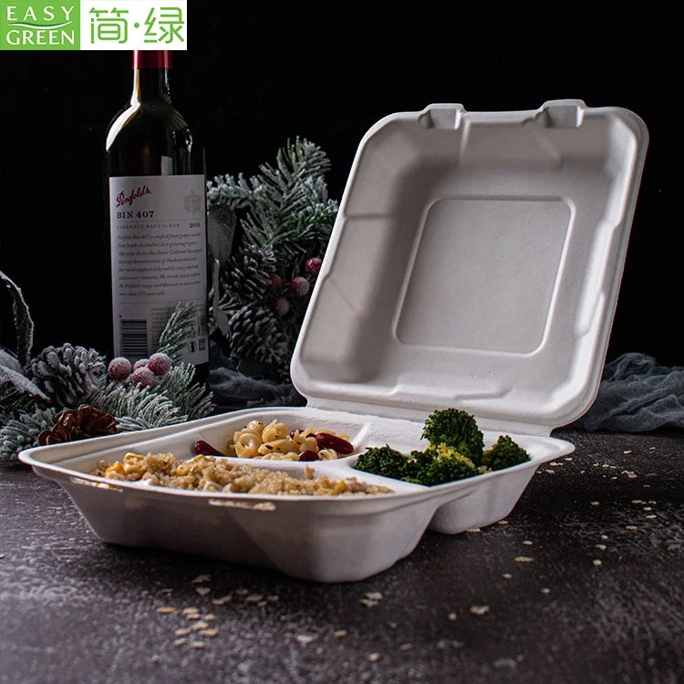 
Easy Green Wholesale Biodegradable 3-com Clamshell Food Disposable Container Bagasse Tableware Pulp Lunch Box 