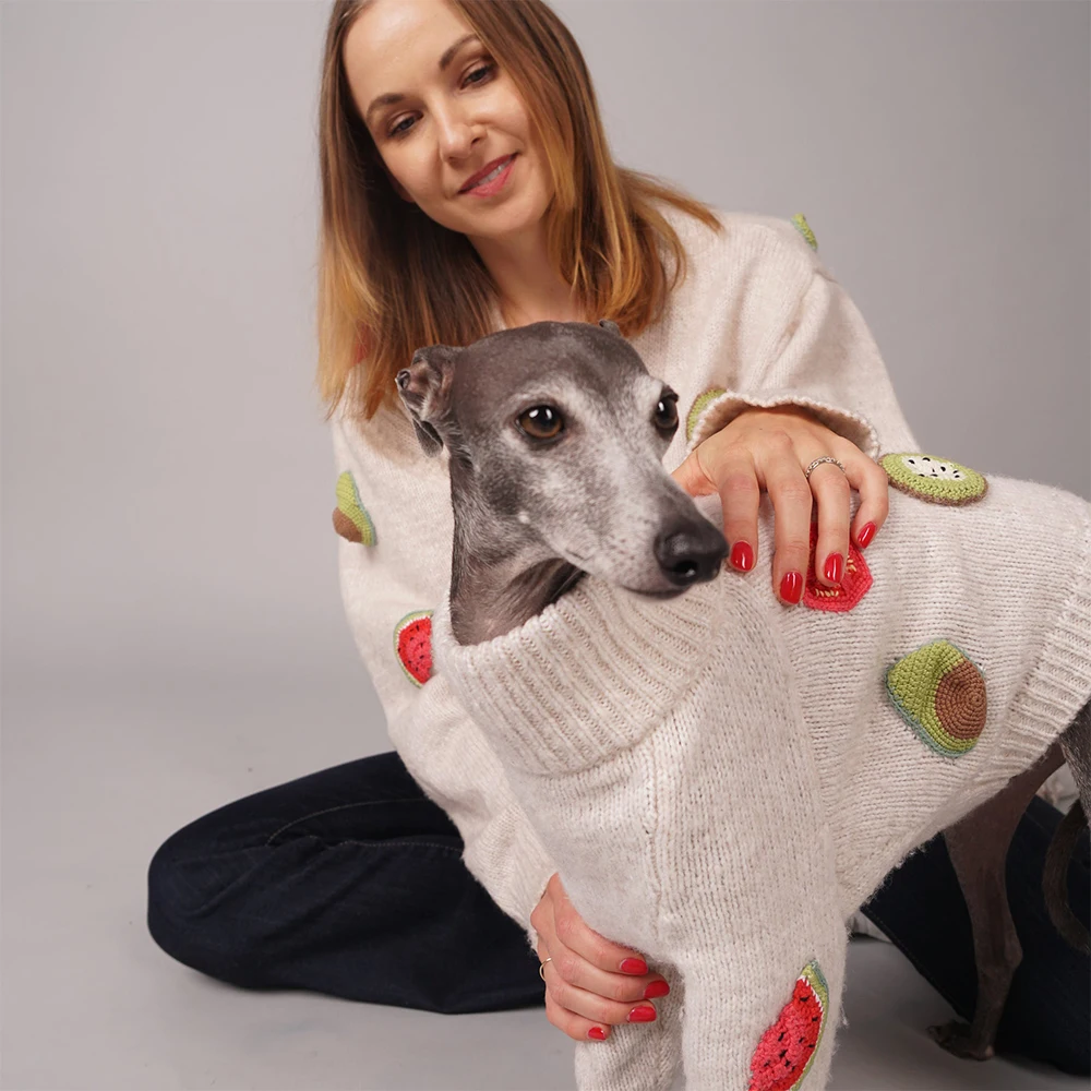 Qiqu Pet Supplies Custom New Designer Dog Human Owner Matching handmade fruit crochet virgin wool dog jumper cropped cardigan