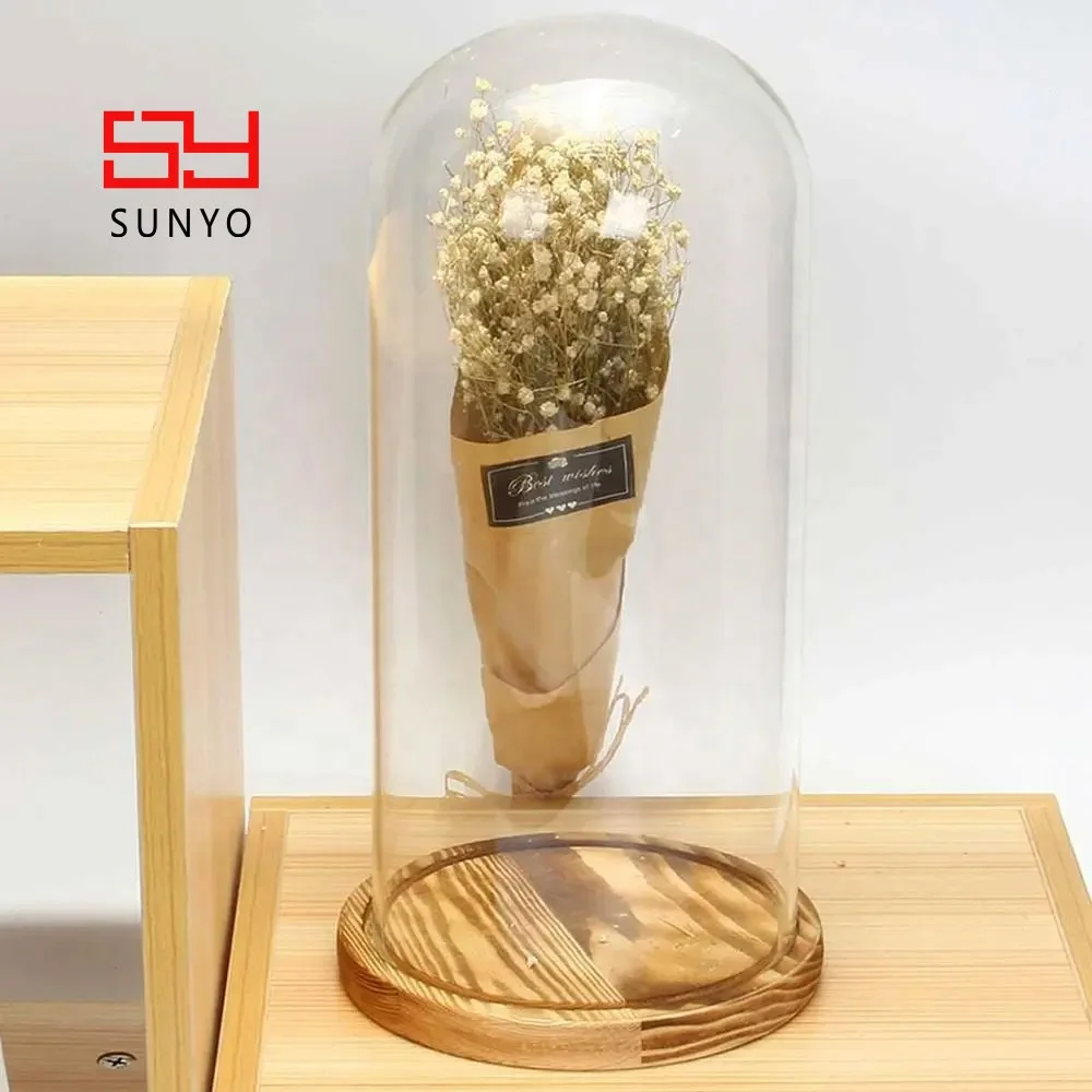 Cake Container Display Stand Glass Candle Vessel Wholesale Crystal Clear Decorative Glass Dome With Wood Stand