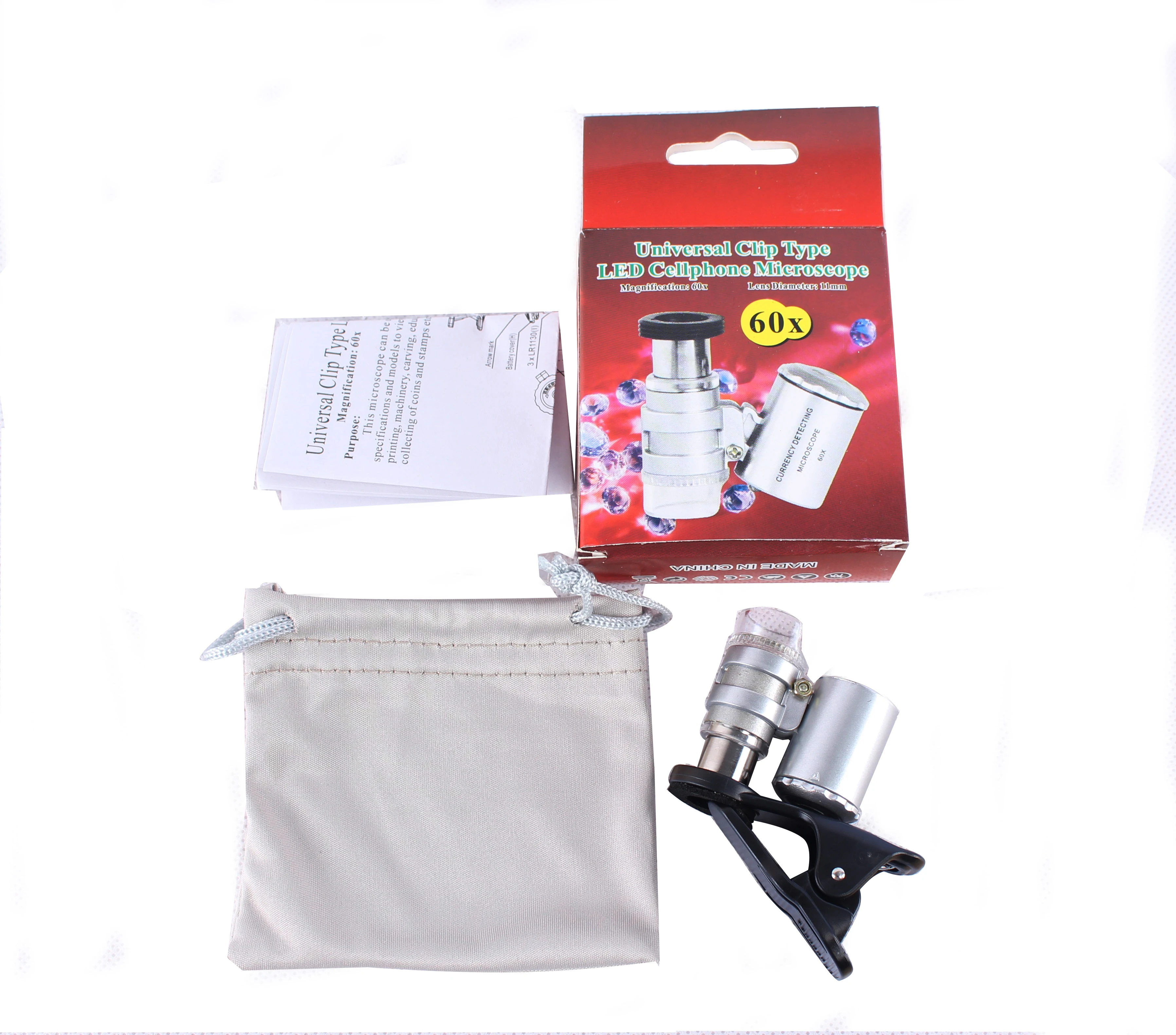 60x LED UV Illuminated Mini Pocket Microscope for Mobile Phone with Clip (BM-MG8050)