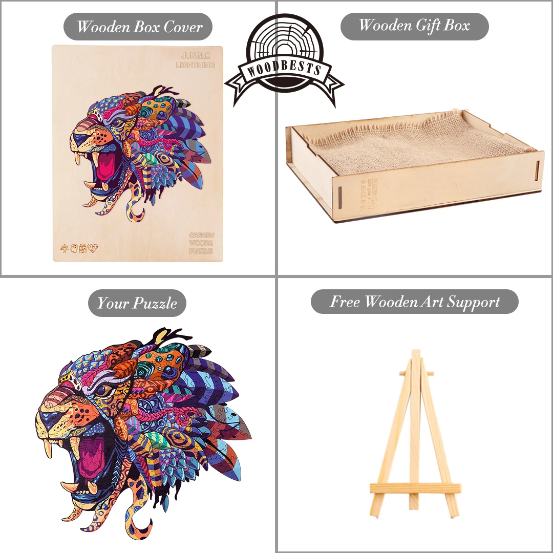 Amazon Hot Selling Unique Animal Shaped Wooden Jigsaw Puzzle JUNGLE LIGHTNING Laser Cutting Wooden Puzzles for adults