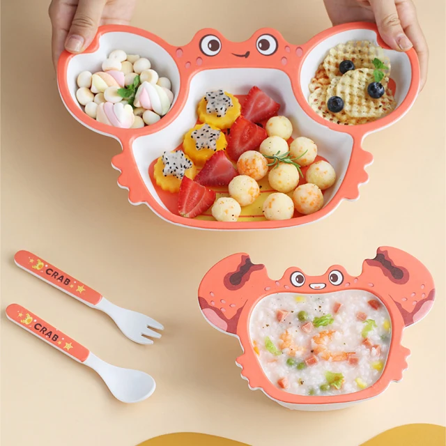 Cute Cartoon Design Kids Dinnerware Set Bamboo Fiber Baby Children Dinner Plates with Cutlery Set Factory High Quality OEM