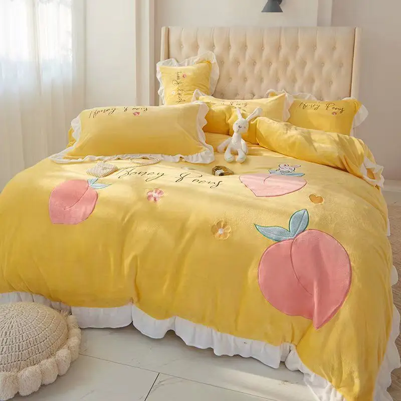 4pcs Kids Polyester Flannel Bedding Set Cute Cartoon Thicken Duvet Cover Quilted King/Queen/Twin Soft Linen Animal Bedroom