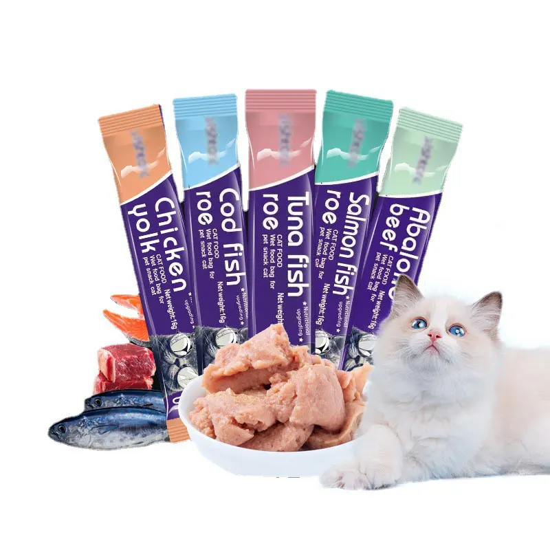 Pet Supplies Oem Custom 15g Cat Delicious Wet Food Treats Snacks Canned In Bag Food Shrimp Tuna Chicken Breast Cod Tin Can