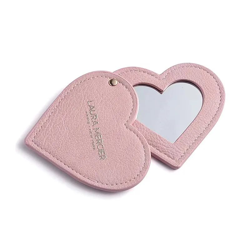 Wholesale Cheap Pink Heart-Shaped Pu Pocket Mirror Custom Logo Pu Leather Makeup Mirror For Women Gift
