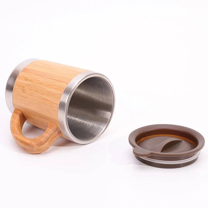 Eco Friendly 350ml Custom Bamboo Tumbler Stainless Steel Insulated Bamboo Travel Coffee Mug With Lid And Handle