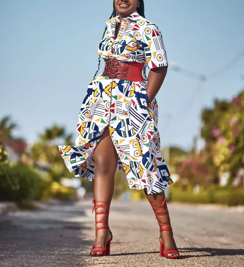 Wholesale Africa Print Women Clothing  Half Sleeve Button Up Shirt Dress Africa Casual Ankara Waxed Casual Front Slit Midi Dress