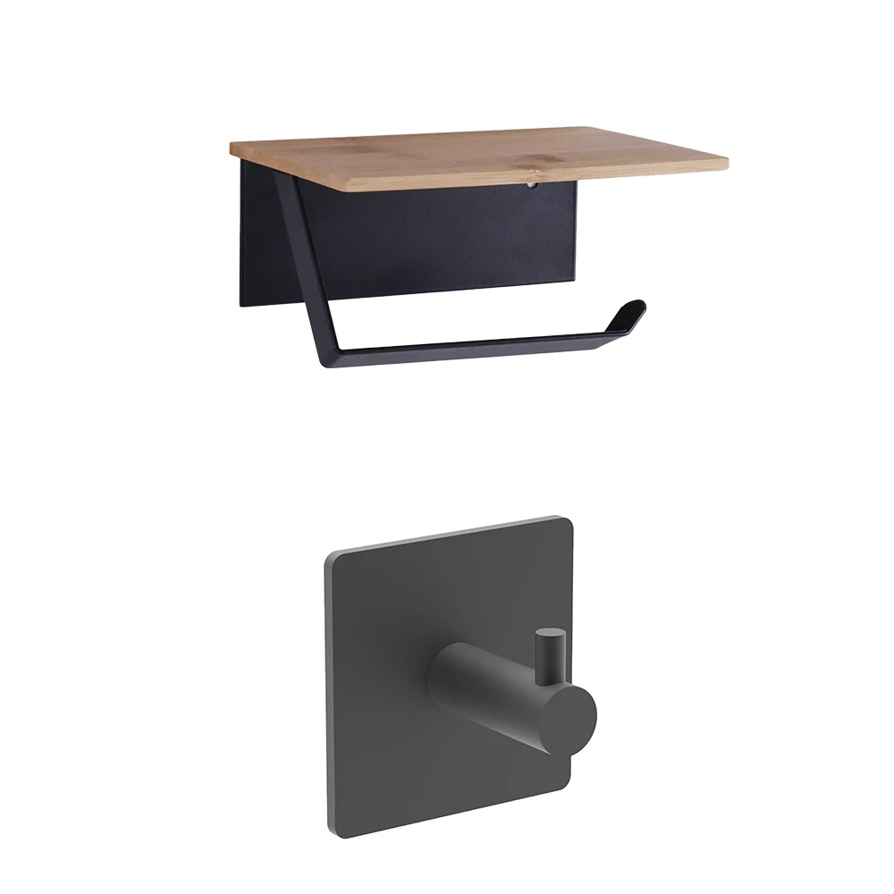 Wall Mounted Bamboo Bathroom Paper Holder Toilet Tissue Holder with Hanging Hook Set