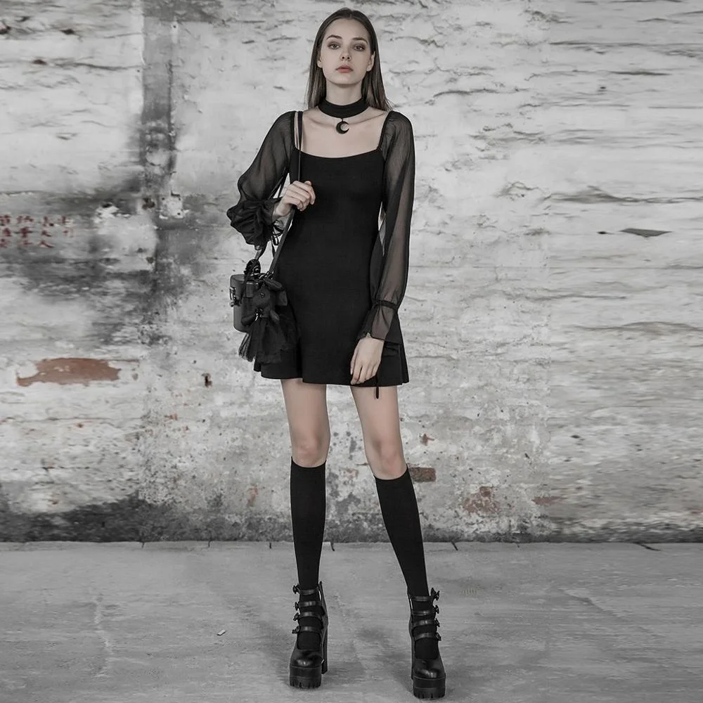 PUNK RAVE OPQ-497 Lolita Gothic Dresses Elegant Patchwork Mesh Long Sleeve Halter Black Women Mini Casual Dress