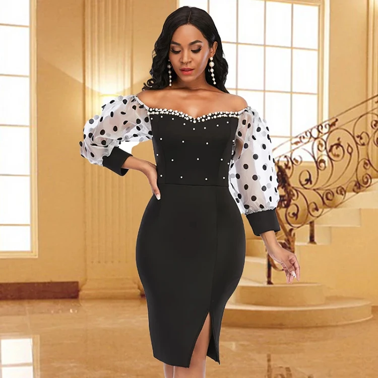 Off Shoulder Polka Dot Mesh Beading Sexy Black Bodycon Women Dresses Gowns Wear Long Evening Party Dress For Event Occasion